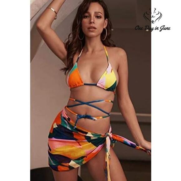 Soly Hux Color Block Halter Tie Side Bikini with Cover Up RUNS VERY SMALL Size L - Picture 2 of 5